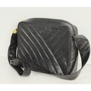 Chanel Chevron Caviar Camera Bag Large Vintage Black Quilted Leather 1991-1994